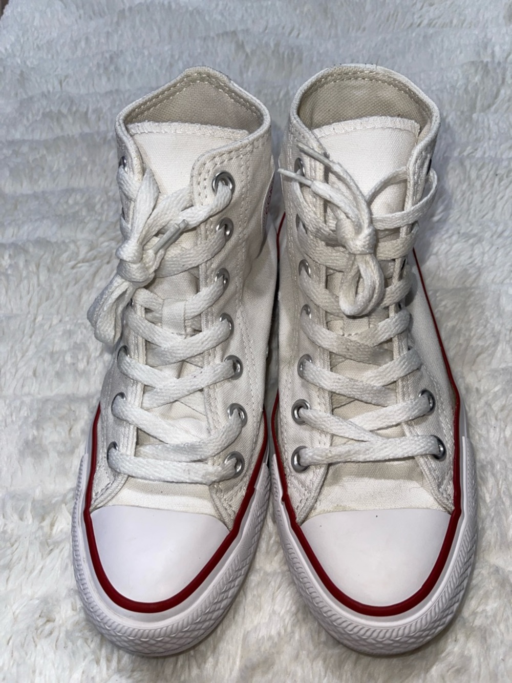 Converse Classic High-Top Canvas Sneakers in Off-White with Red Accent